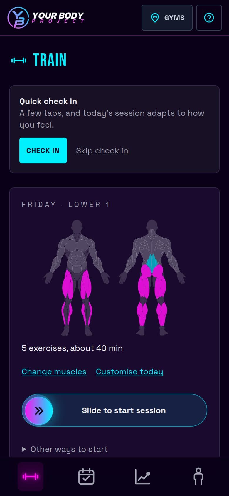 Hypertrophy in the app: the Train screen with today's session of a demonstration account.