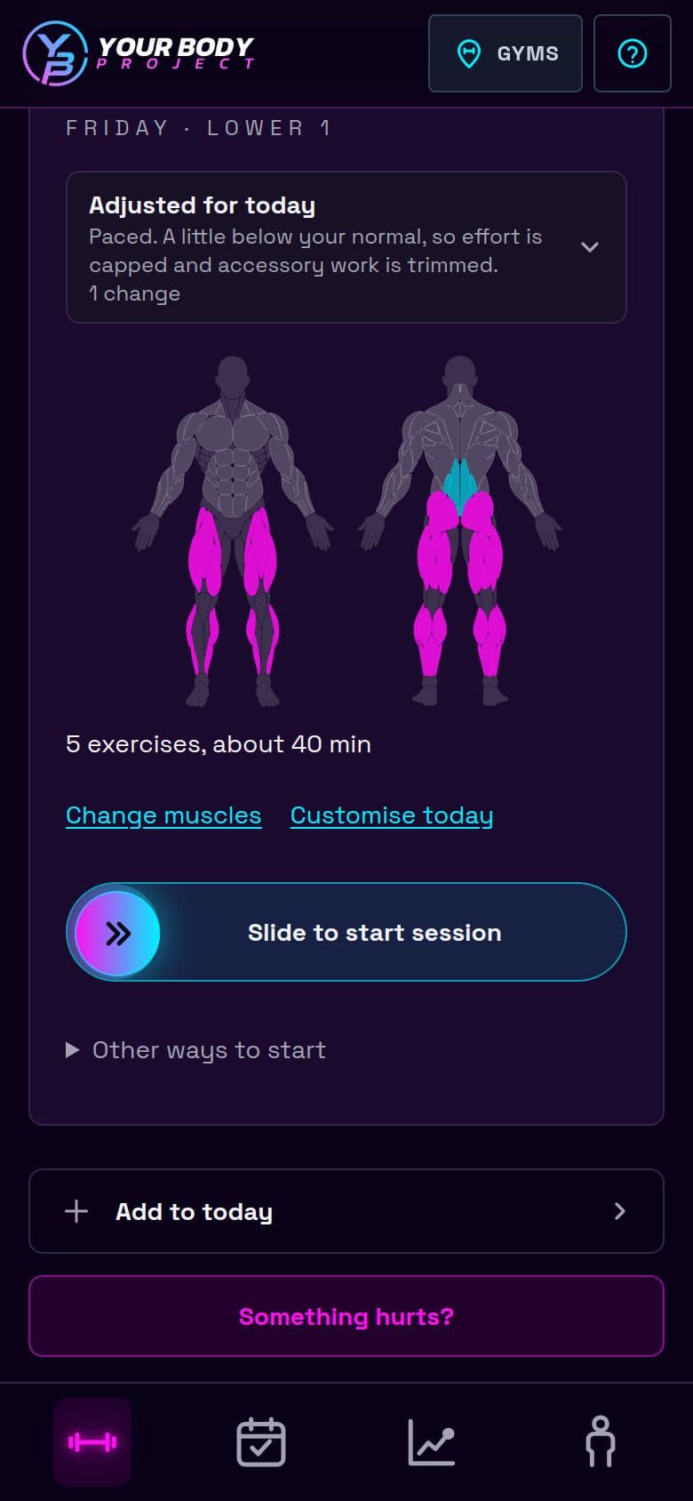 The Train screen of a demonstration account: an Adjusted for today card above the planned lower body session.