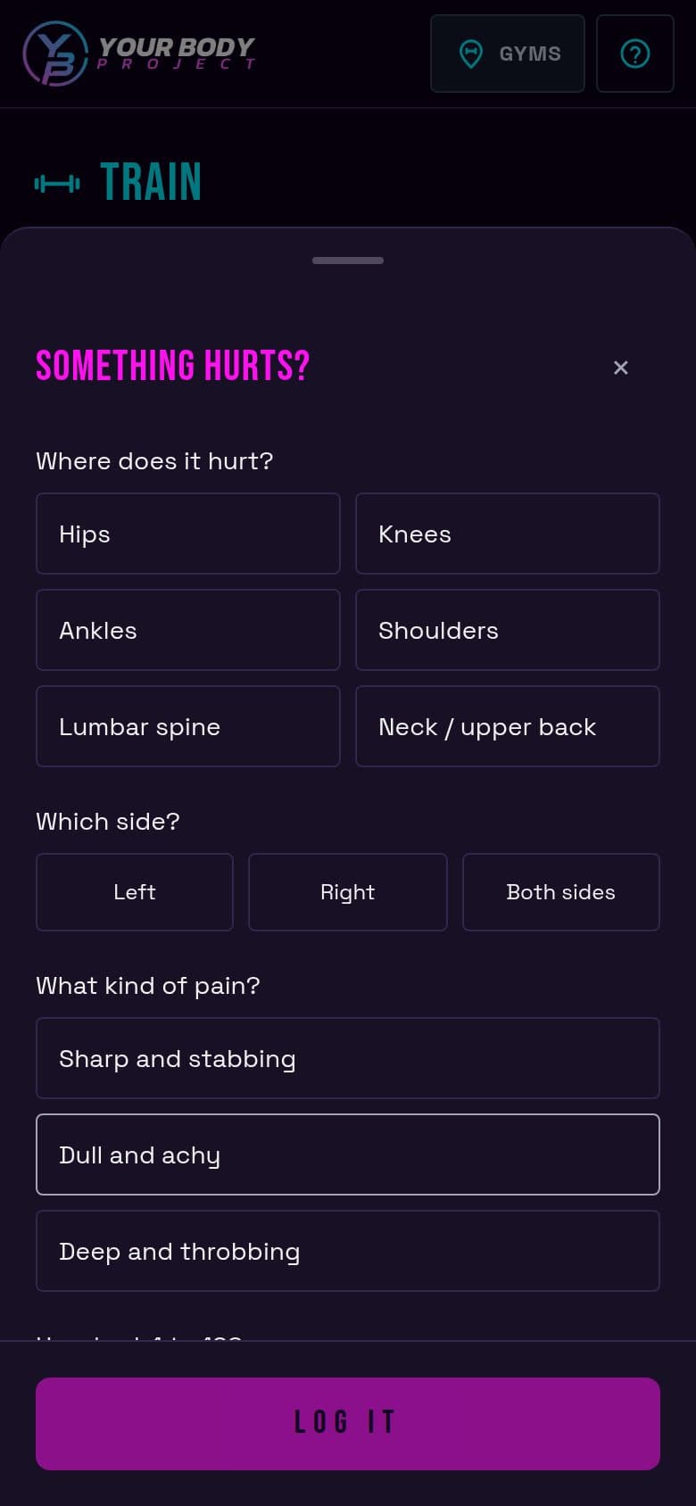 The Something hurts sheet of a demonstration account, asking where it hurts, which side, what kind of pain and how bad.